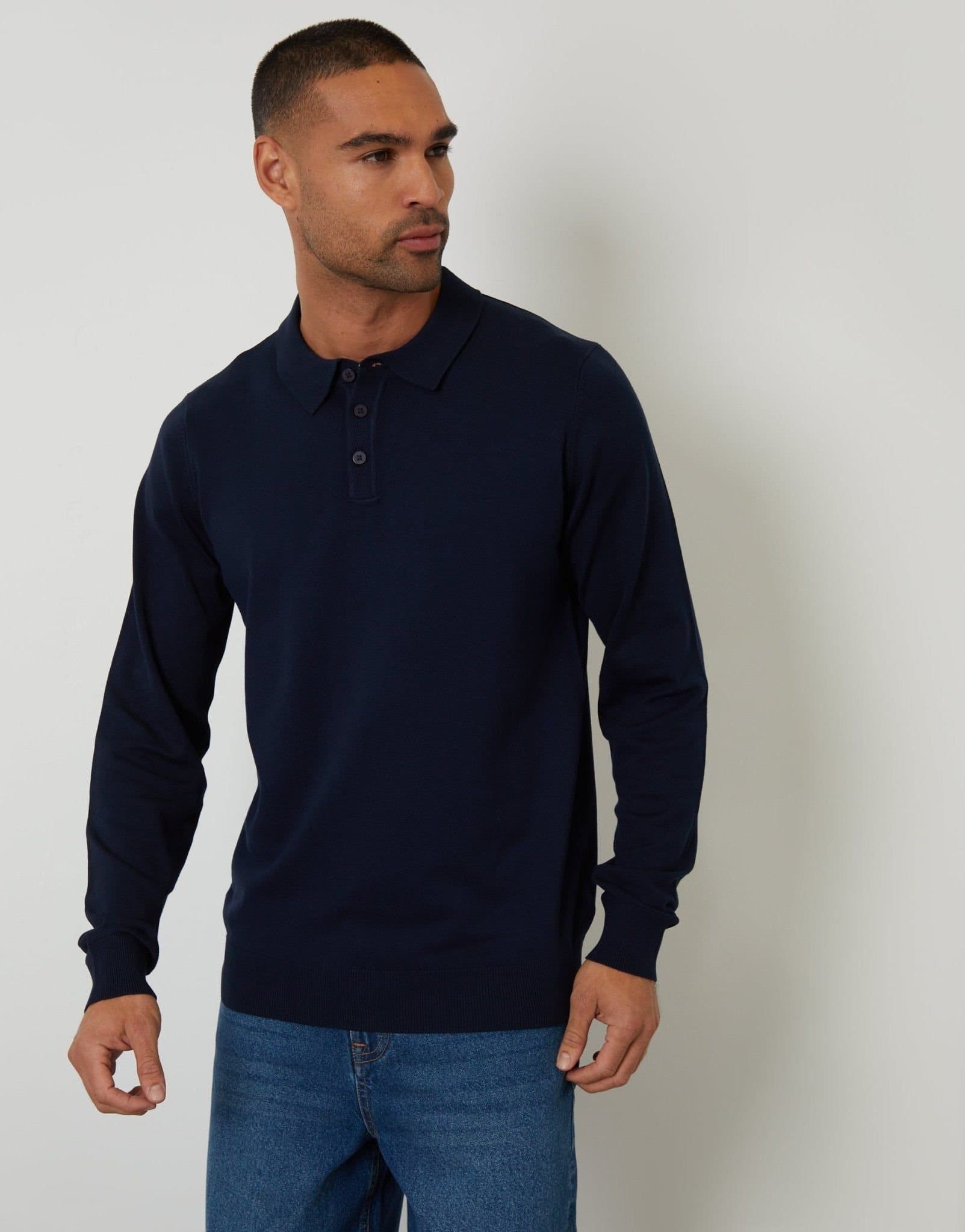 Threadbare threadbare Men's Knitted Long Sleeve Polo Jumper in Blue