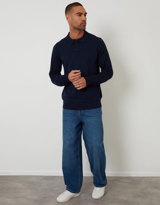 Threadbare threadbare Men's Knitted Long Sleeve Polo Jumper in Blue - 3