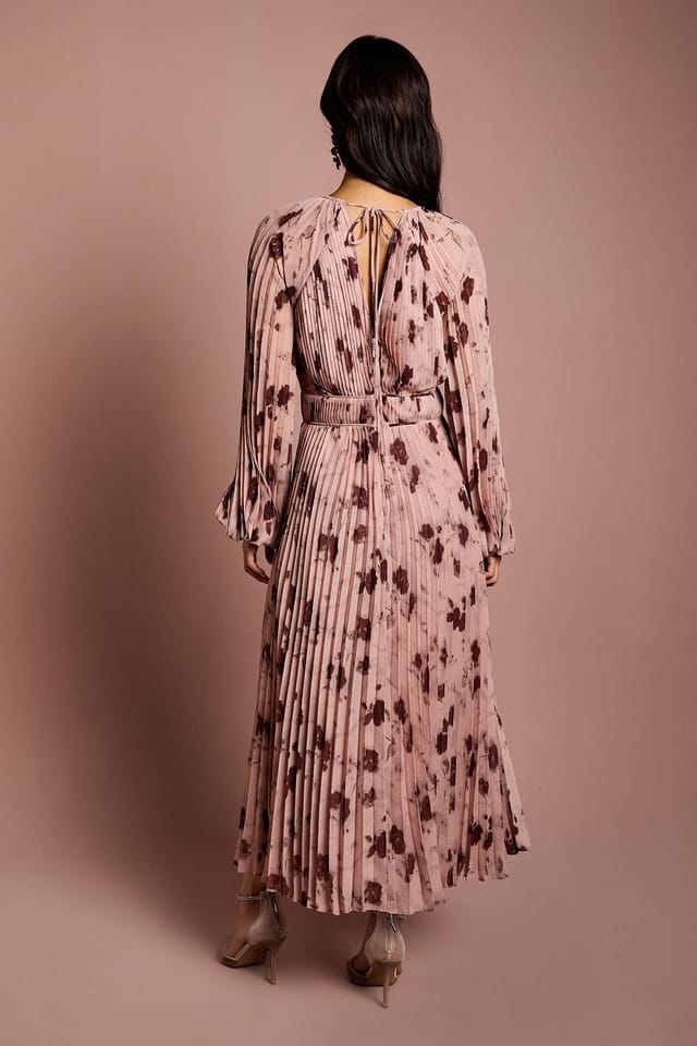 Coast Coast Women's Long Sleeve Chiffon Pleated Wrap Midi Dress in Blush - 3