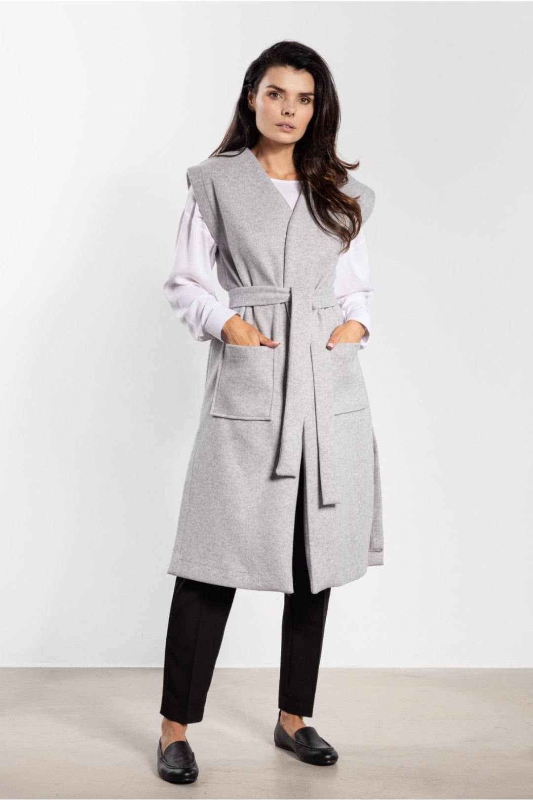 Love Lace Love Lace Women's Soft Fleece Long Gilet with Belt Pockets in Grey