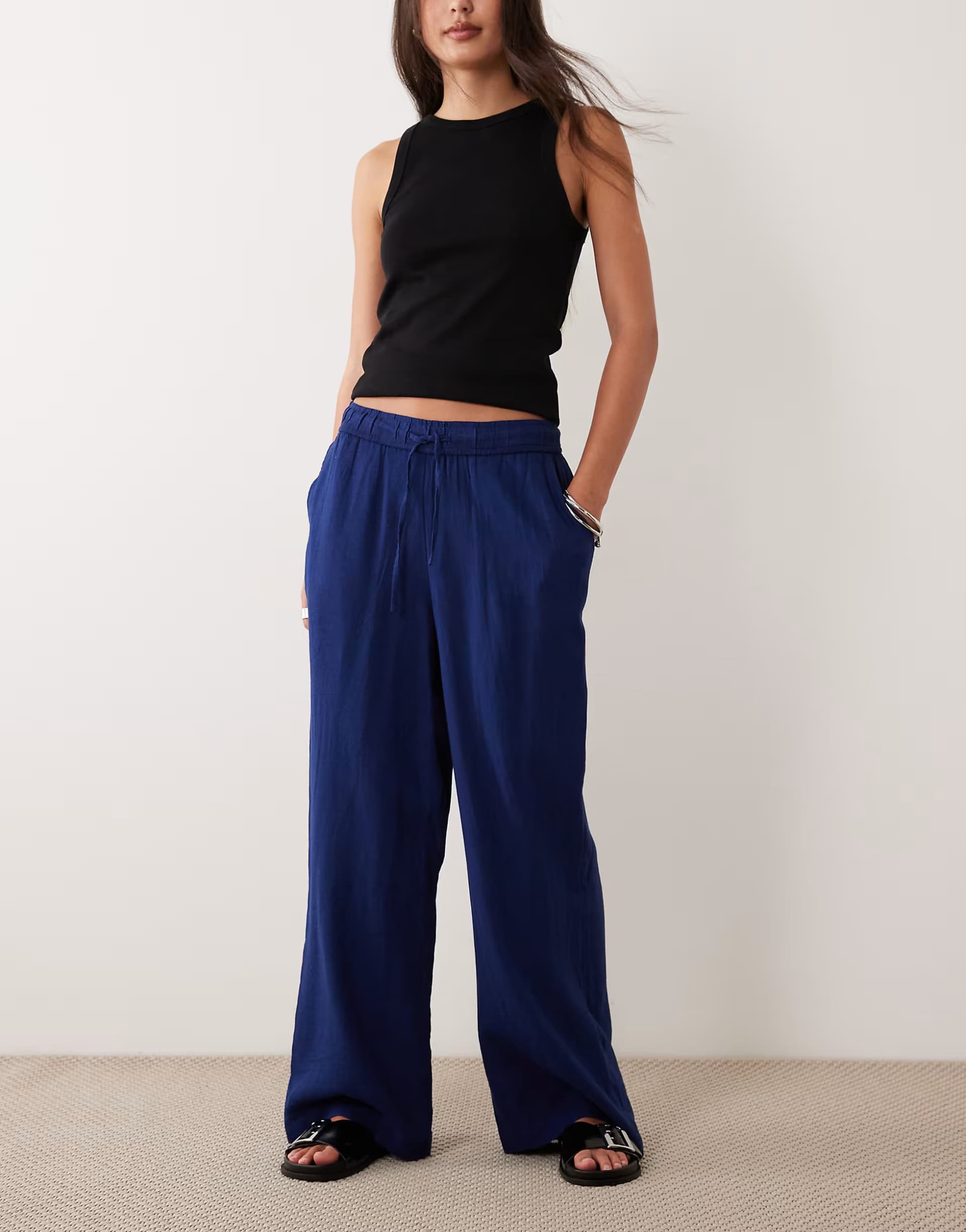 ASOS New Look linen mix wide leg trousers in navy