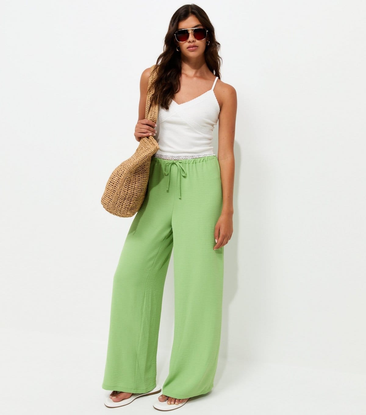 New Look Women's Light Green Drawstring Waist Wide Leg Trousers New Look - 1