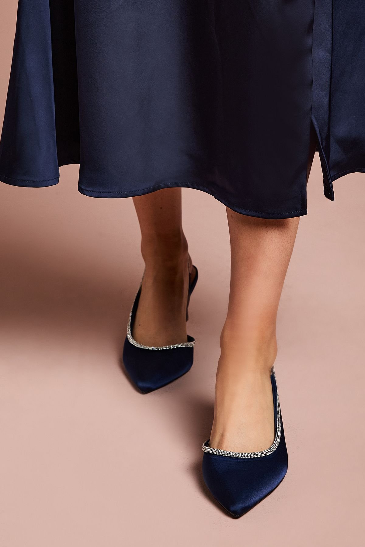 Coast Coast Women's Wide Fit Sabrina Satin Diamante Trim Slingback High Stiletto Court Shoes in Navy - 3