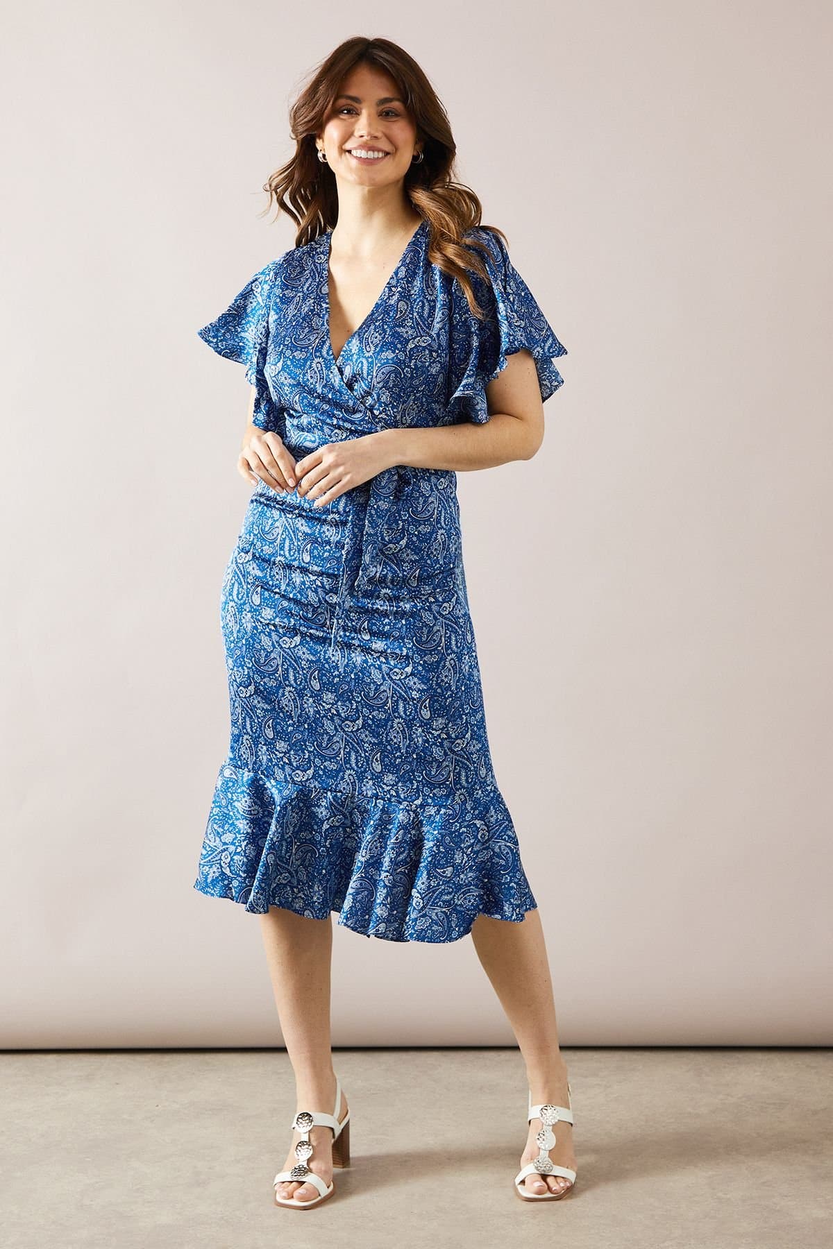 Wallis Wallis Women's Paisley Print Belted Midi Dress in Blue