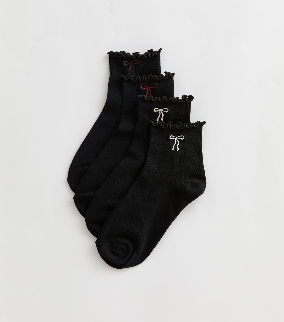 New Look Pack of 4 Black Cotton Rich Bow Embroidered Frill Trim Ankle Socks New Look
