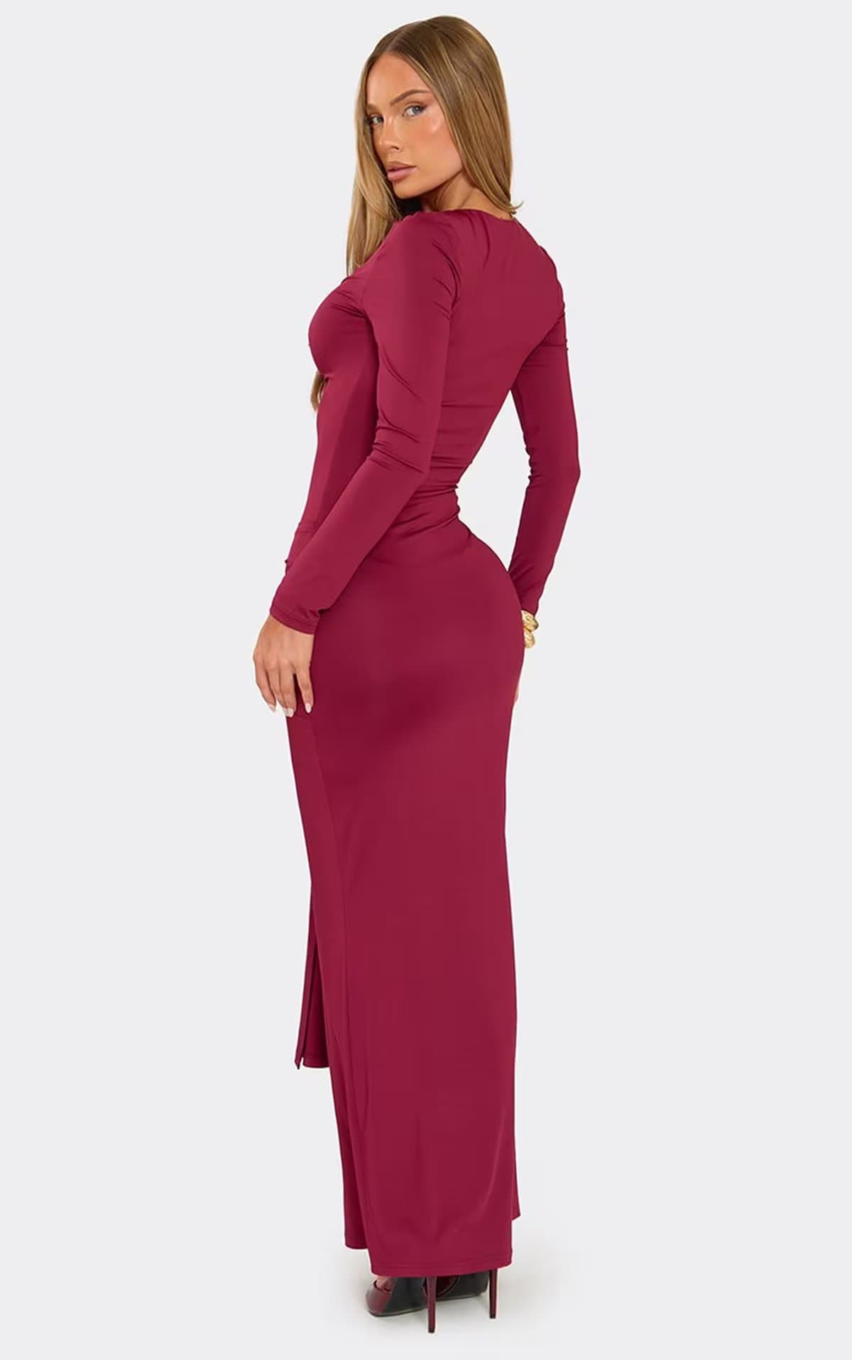 EGO Long Sleeve Plunge Drape Front Ruched Maxi Dress In Burgundy, Women's Size UK 6