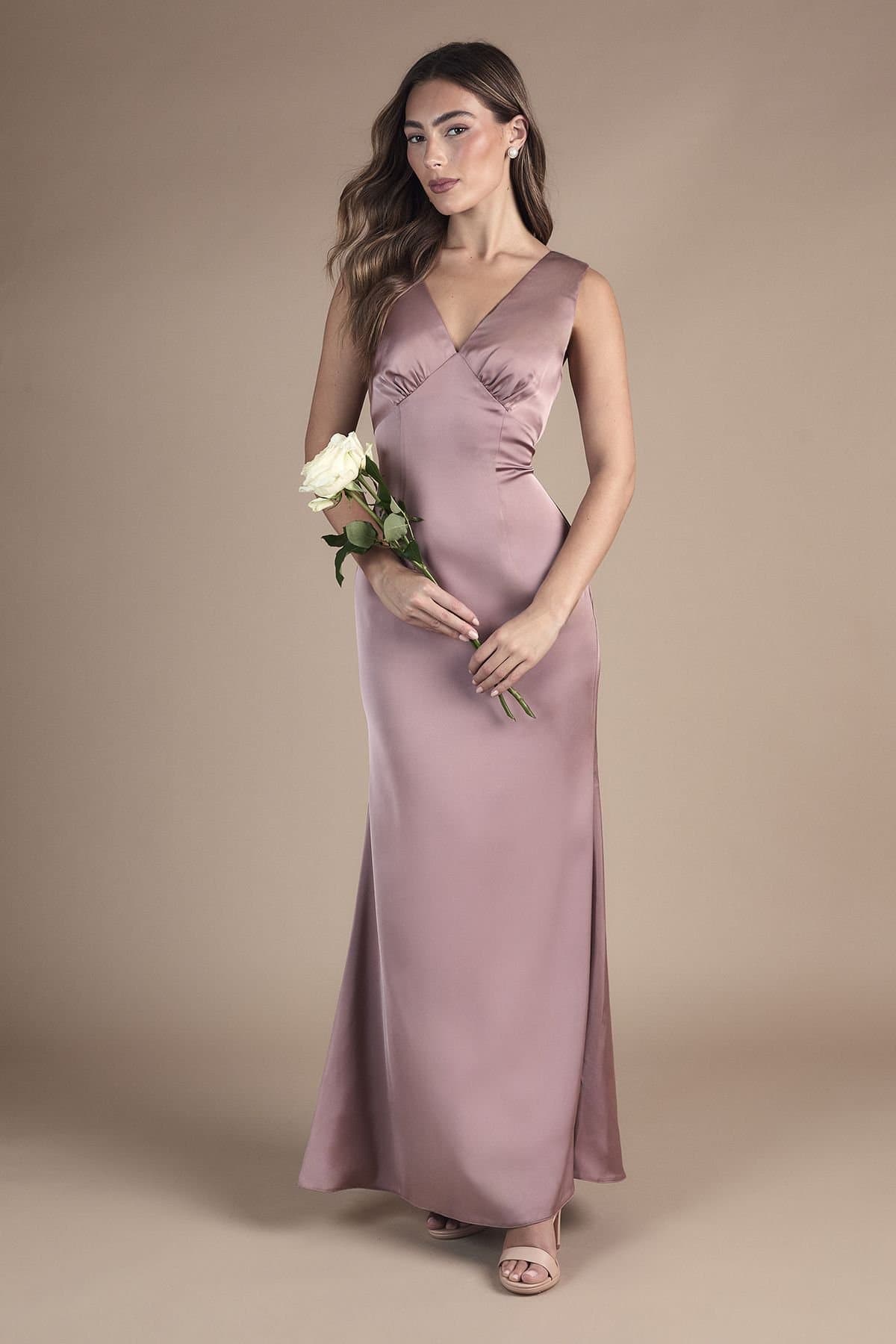 Coast Coast Women's Bow Back V Neck Satin Bridesmaid Dress in Dusty Mauve