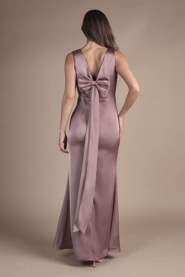 Coast Coast Women's Bow Back V Neck Satin Bridesmaid Dress in Dusty Mauve - 3