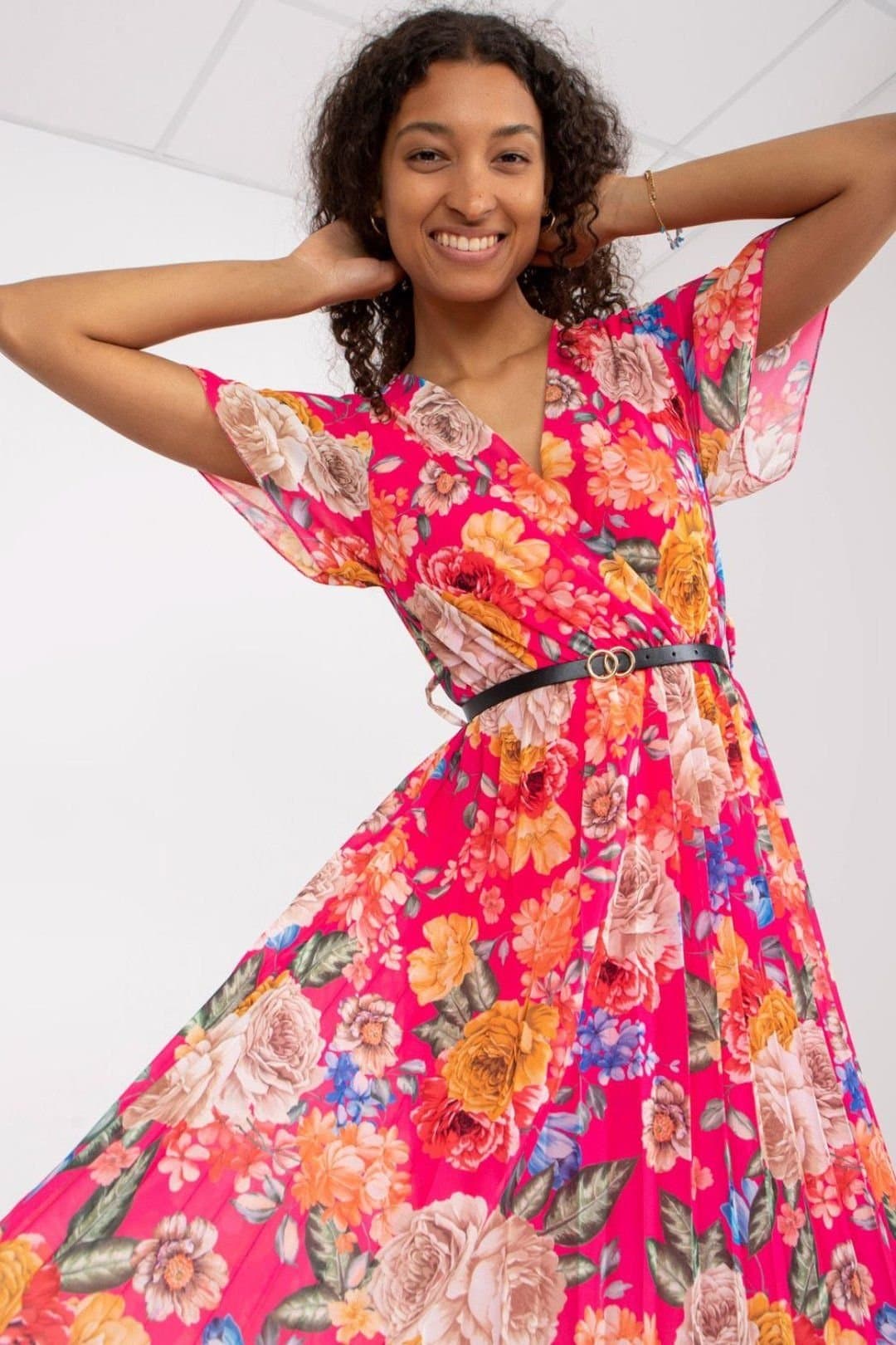 Love Lace Love Lace Women's Floral Short Sleeve Wrap Day Dress with Belt in Pink