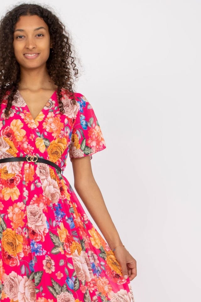 Love Lace Love Lace Women's Floral Short Sleeve Wrap Day Dress with Belt in Pink - 2