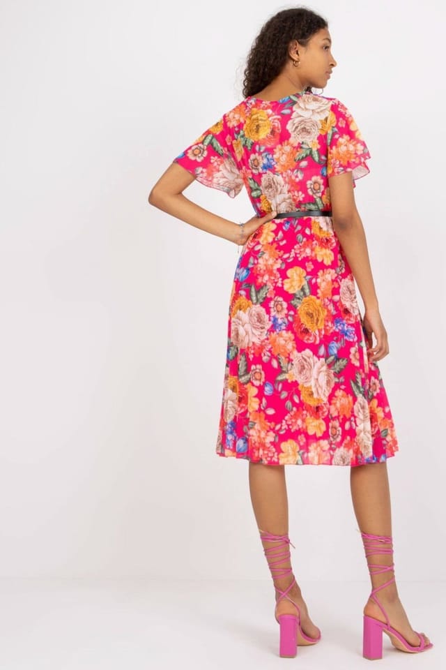 Love Lace Love Lace Women's Floral Short Sleeve Wrap Day Dress with Belt in Pink - 3