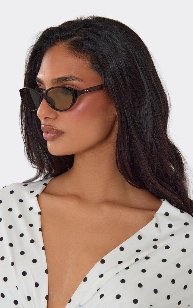 EGO Thin Frame Brown Tinted Lense Oval Shaped Sunglasses In Black, Women's Size UK 0 - 2