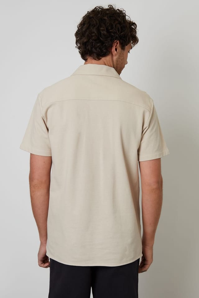 Threadbare Threadbare Men's Cotton Pique Revere Collar Short Sleeve Shirt in Stone - 2
