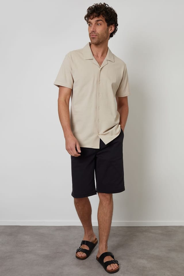 Threadbare Threadbare Men's Cotton Pique Revere Collar Short Sleeve Shirt in Stone - 3