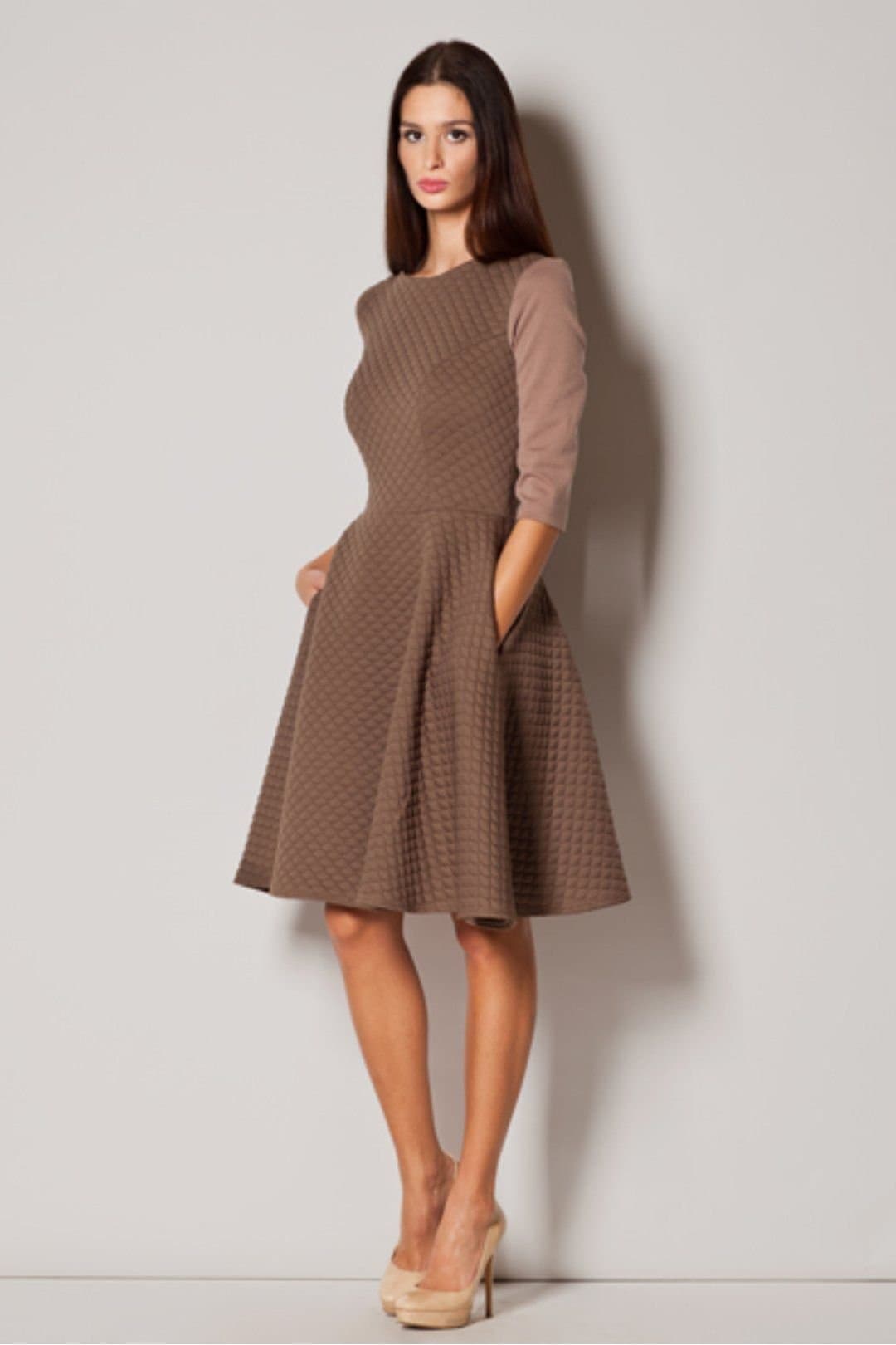 Love Lace Love Lace Women's Quilted Flared Length Dress 3/4 Sleeves in Brown