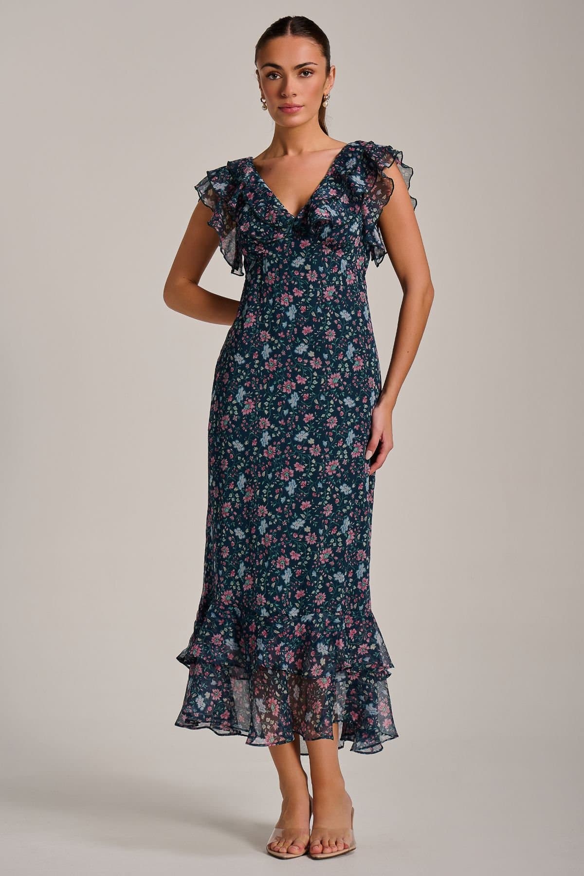 Jolie Moi Jolie Moi Women's Ruffle V Neckline Chiffon Midaxi Dress in Teal