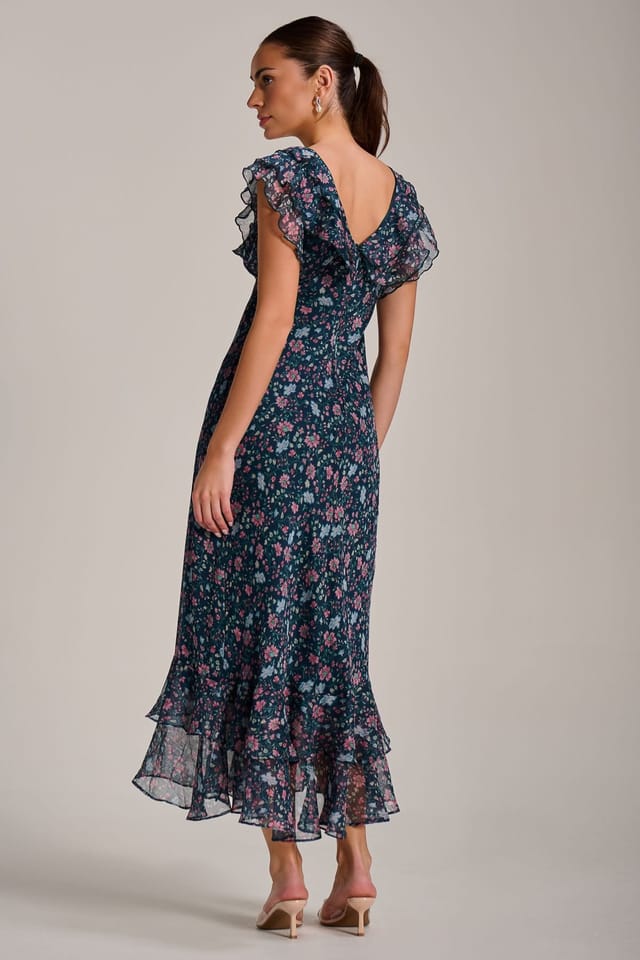 Jolie Moi Jolie Moi Women's Ruffle V Neckline Chiffon Midaxi Dress in Teal - 2