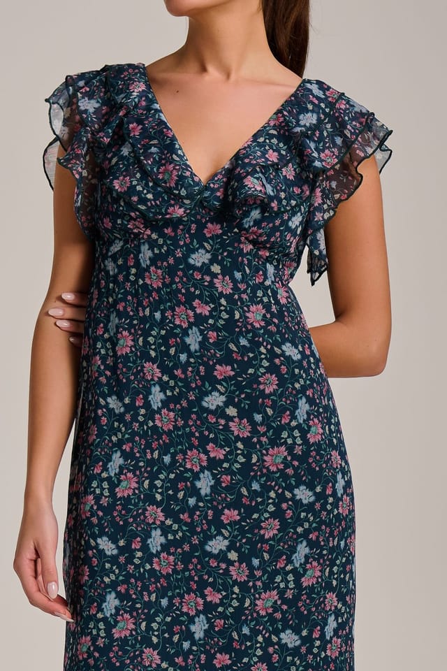 Jolie Moi Jolie Moi Women's Ruffle V Neckline Chiffon Midaxi Dress in Teal - 3