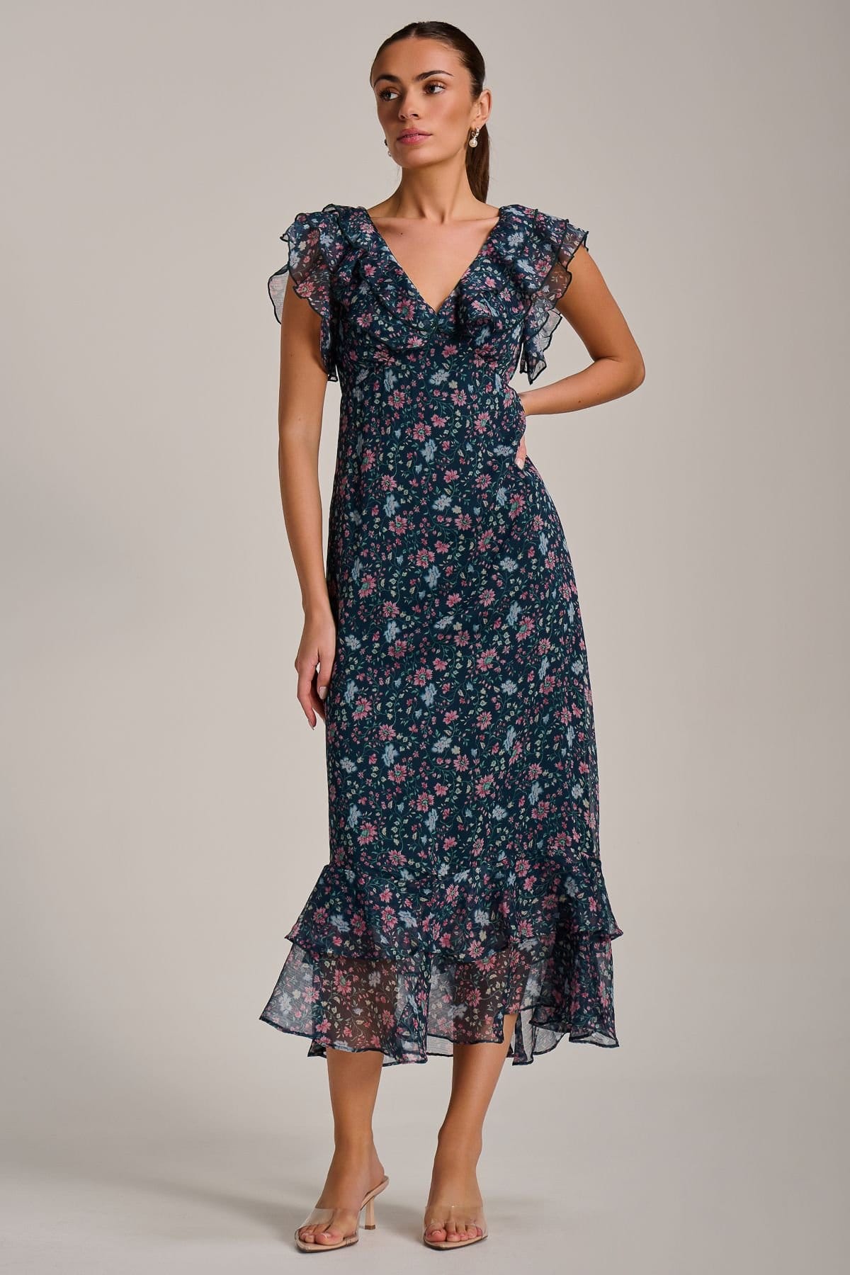 Jolie Moi Jolie Moi Women's Ruffle V Neckline Chiffon Midaxi Dress in Teal - 4