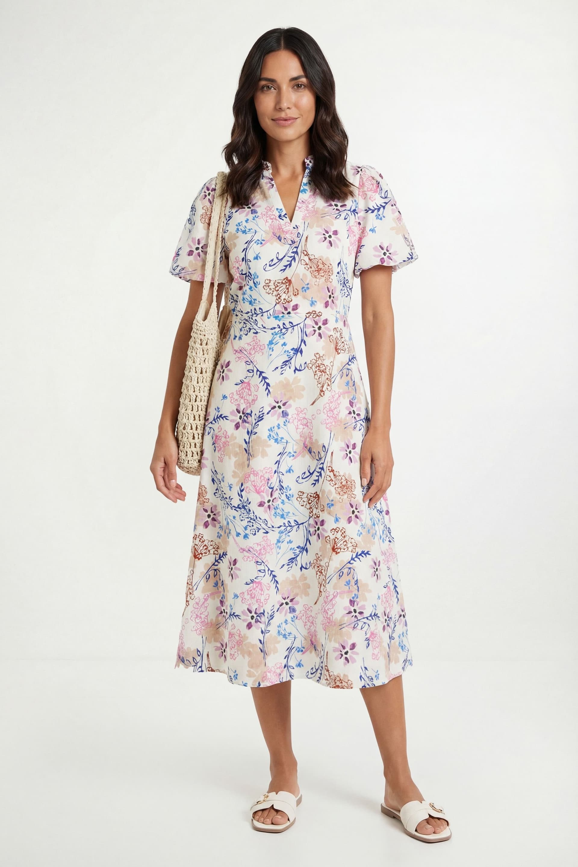 Wallis Wallis Women's Floral Waffle Ruched Midi Dress in Ivory