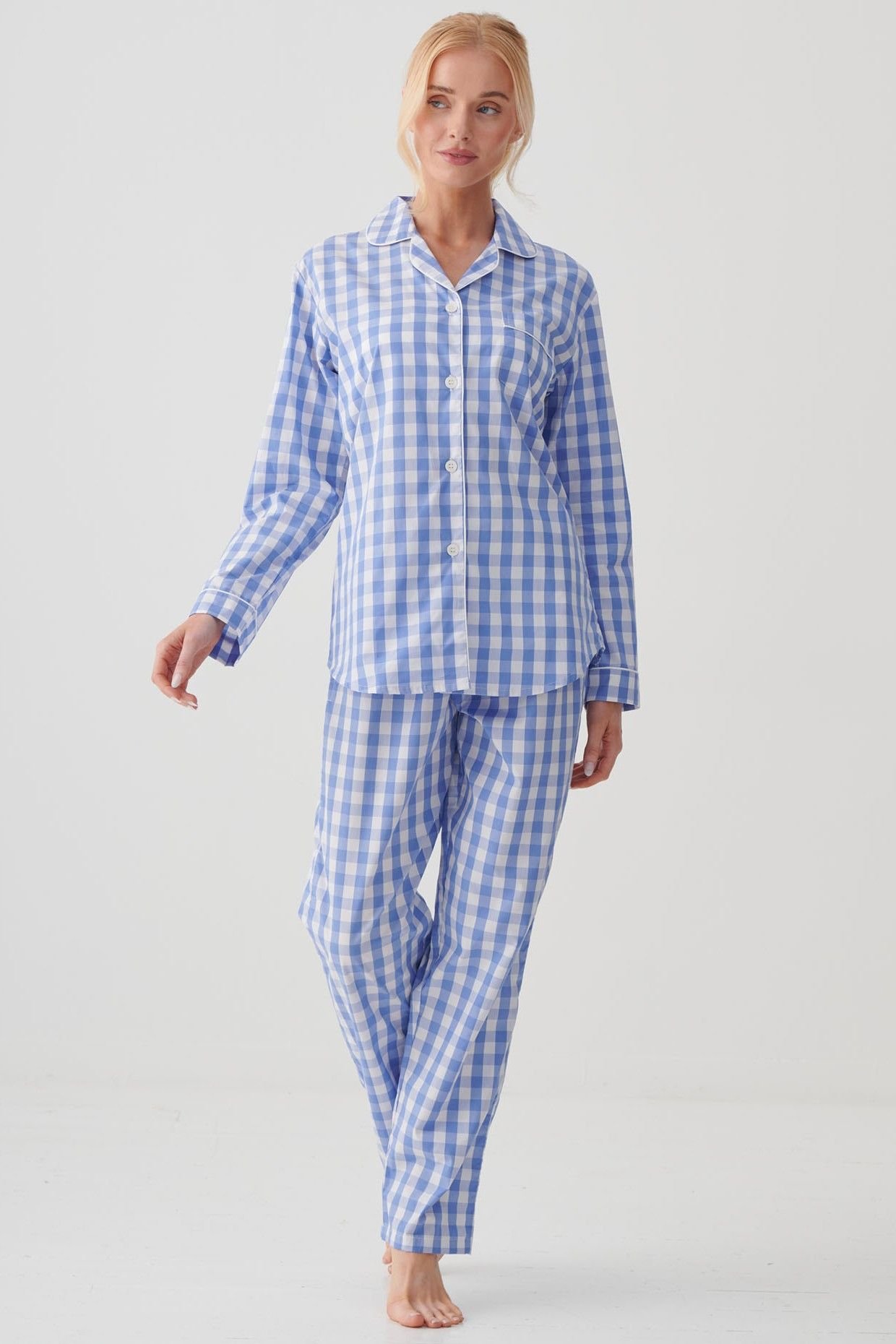 British Boxers British Boxers Women's "Schoolhouse Blue" Gingham Crisp Cotton Pyjama Set in Light Blue - 1
