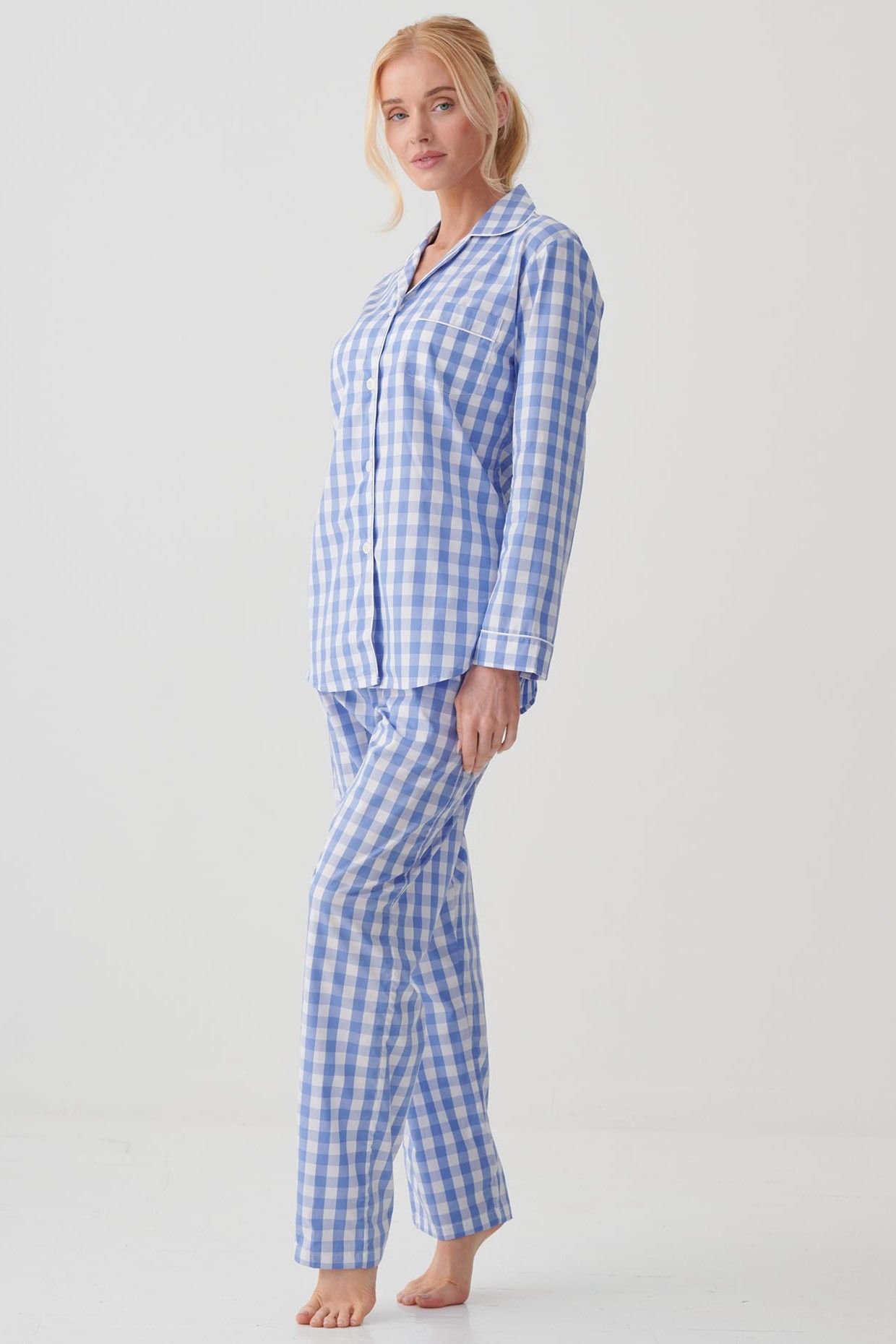 British Boxers British Boxers Women's "Schoolhouse Blue" Gingham Crisp Cotton Pyjama Set in Light Blue - 2