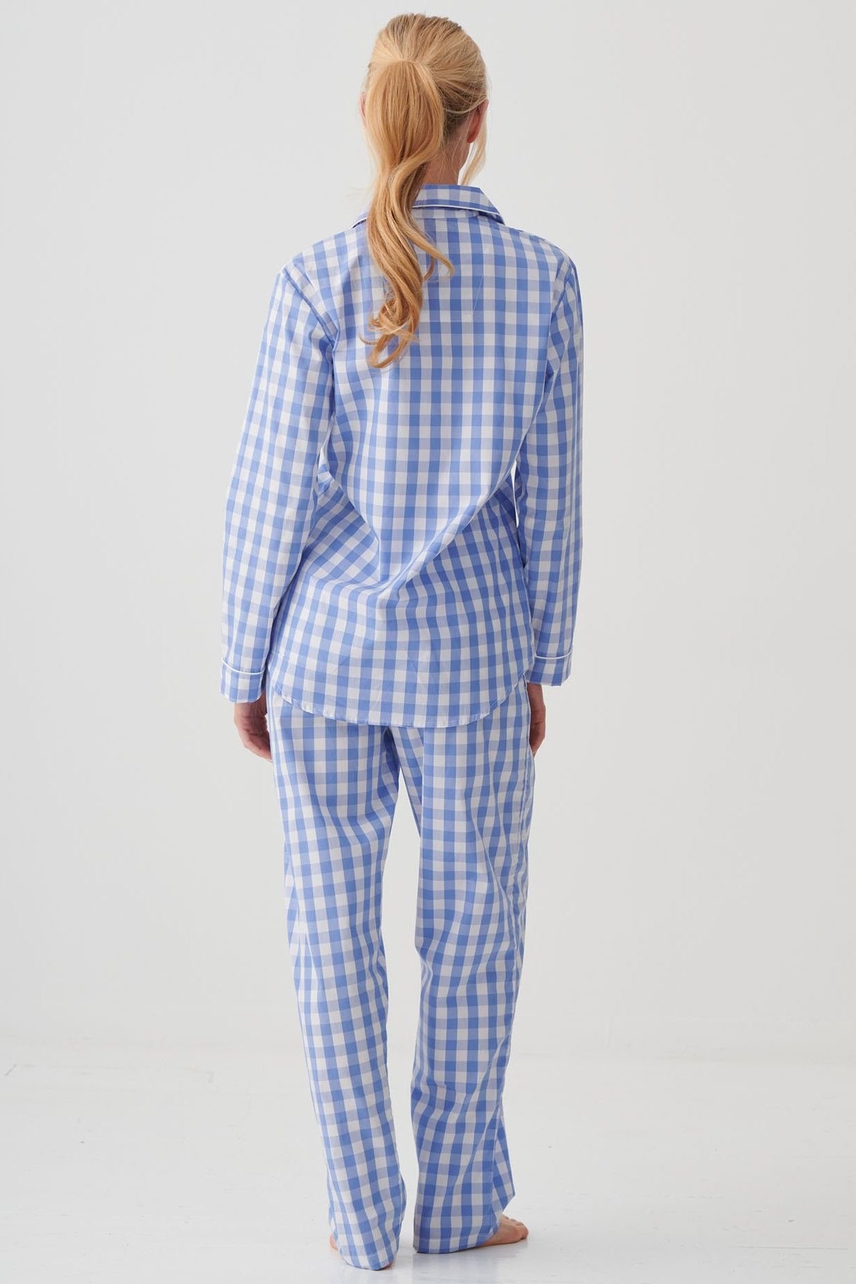 British Boxers British Boxers Women's "Schoolhouse Blue" Gingham Crisp Cotton Pyjama Set in Light Blue - 3