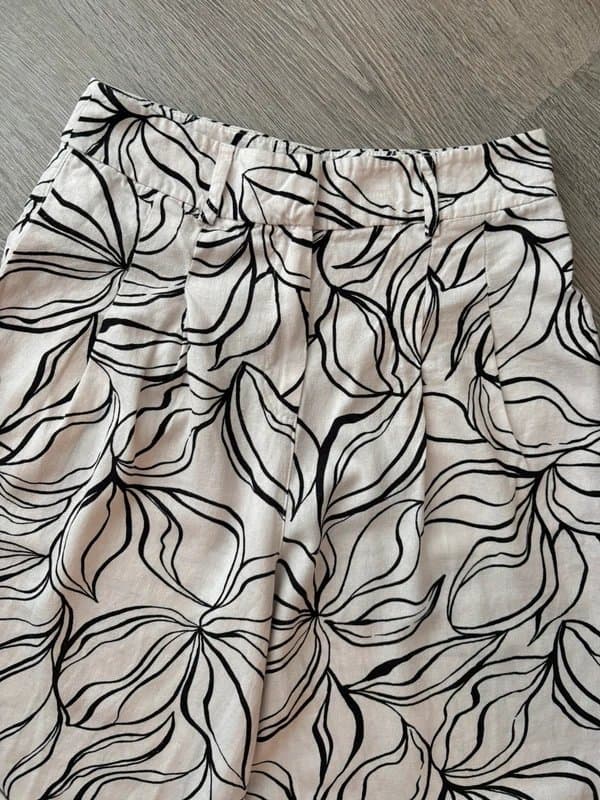TU TU Linen Blend Wide Leg Trousers UK 8 Black Floral Leaf Print Summer