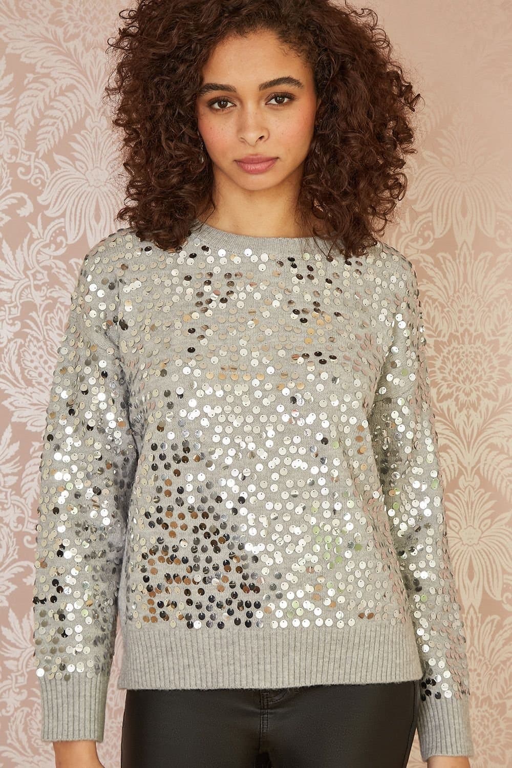 Mela Mela Women's Grey All Over Sequin Relaxed Fit Jumper