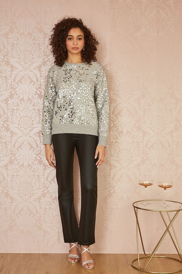 Mela Mela Women's Grey All Over Sequin Relaxed Fit Jumper - 2