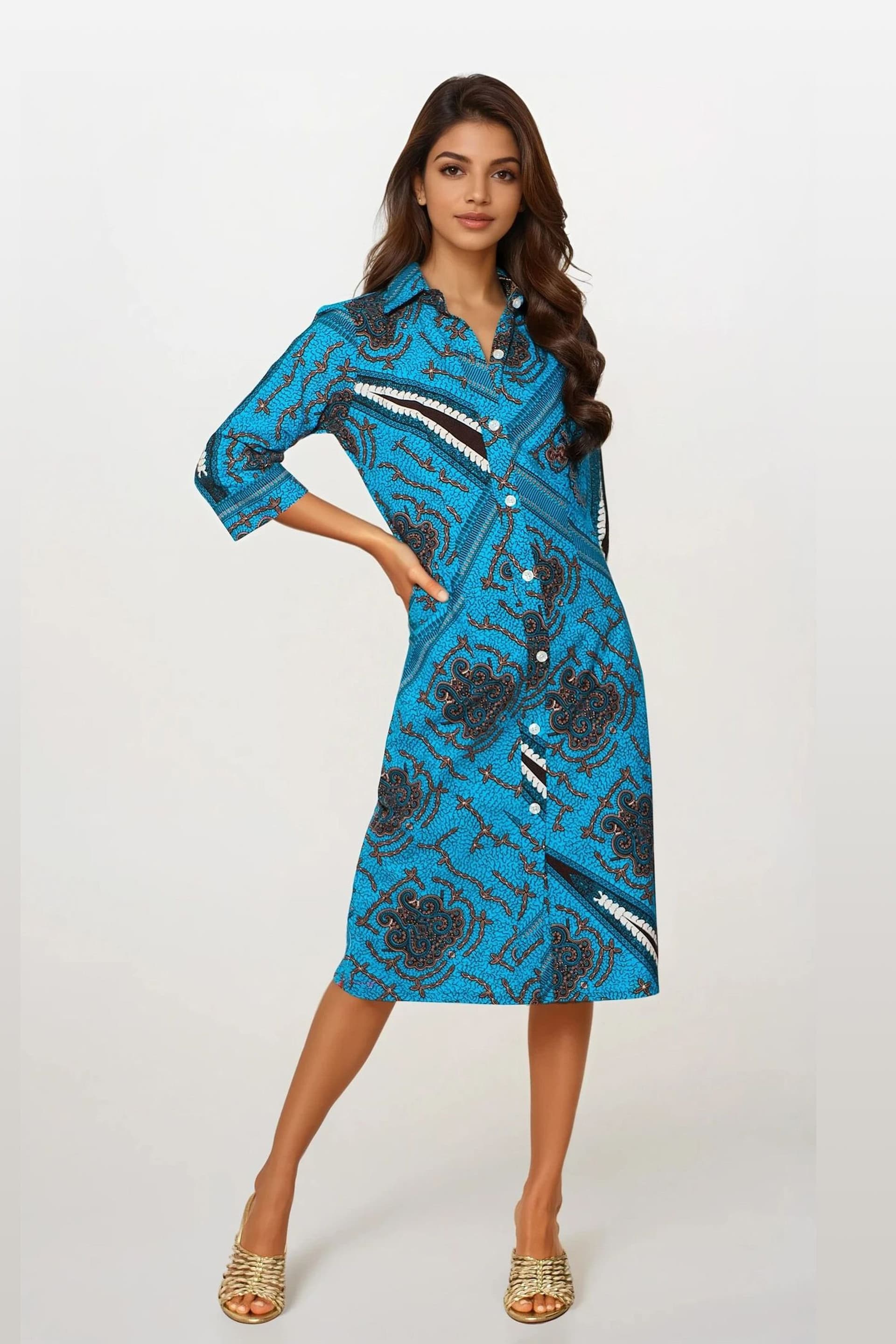 Dals Hart Dals Hart Women's Blue Printed Midi Shirt Dress in Bright Blue