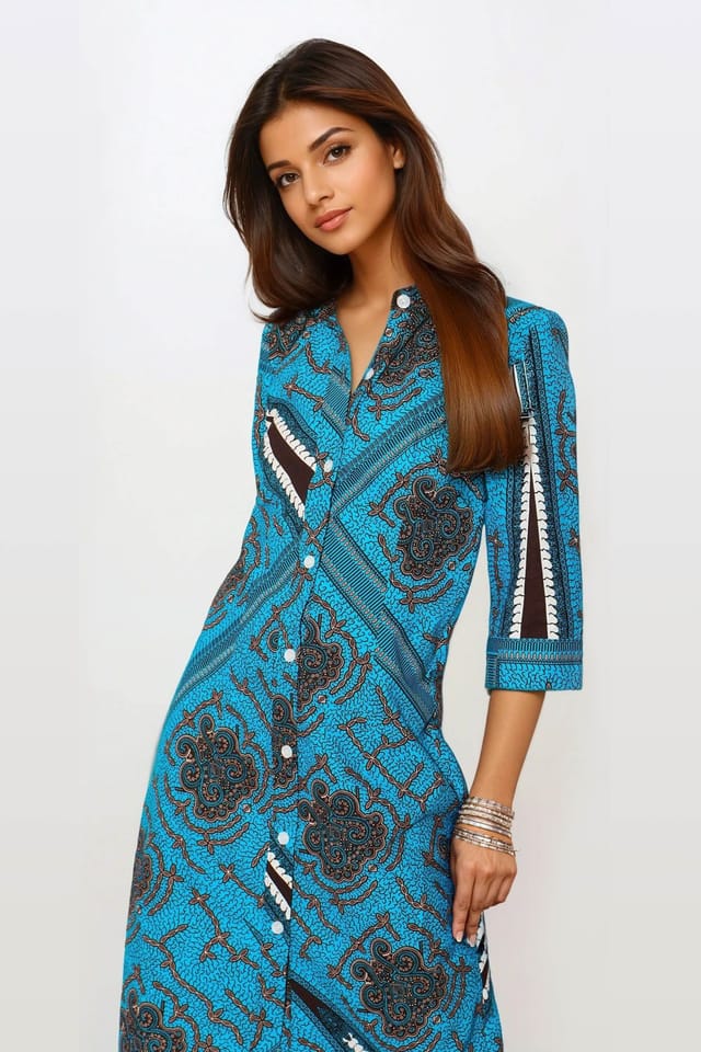 Dals Hart Dals Hart Women's Blue Printed Midi Shirt Dress in Bright Blue - 2