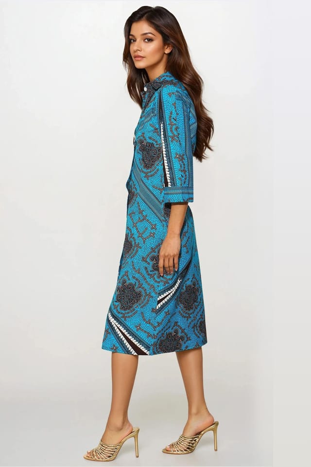 Dals Hart Dals Hart Women's Blue Printed Midi Shirt Dress in Bright Blue - 3