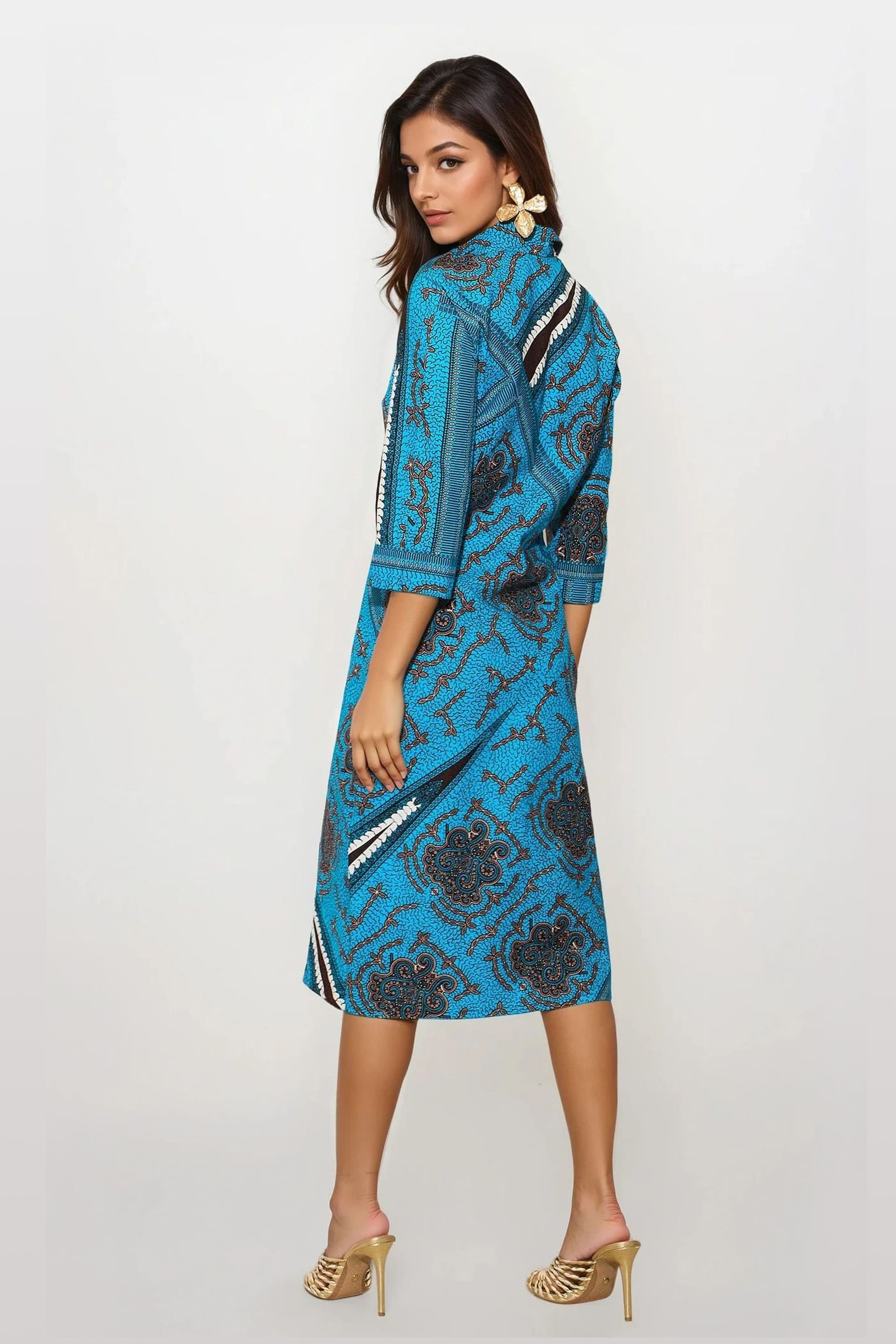 Dals Hart Dals Hart Women's Blue Printed Midi Shirt Dress in Bright Blue - 4