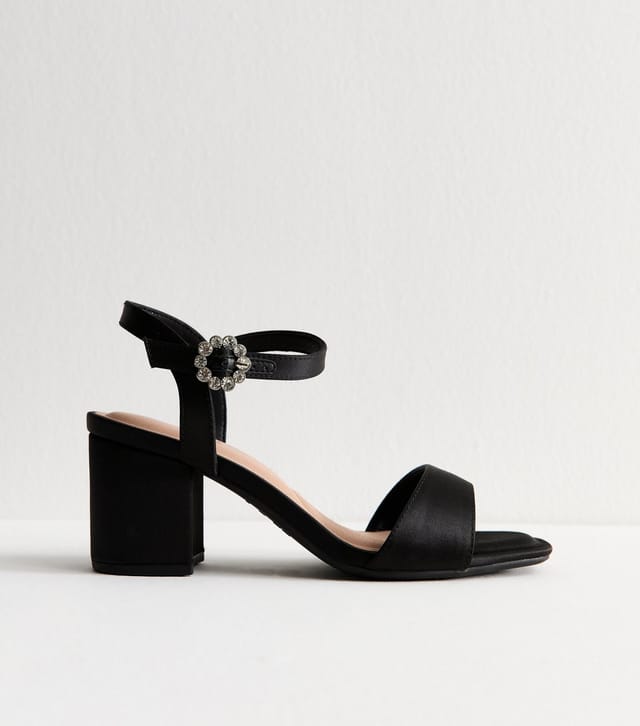 New Look Women's Wide Fit Black Satin Embellished Buckle Block Heel Sandals Vegan New Look - 2