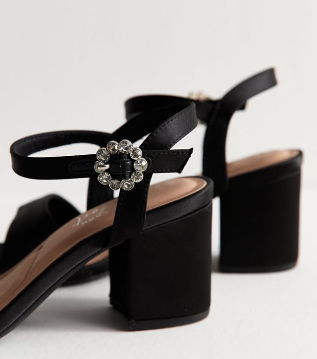 New Look Women's Wide Fit Black Satin Embellished Buckle Block Heel Sandals Vegan New Look - 3