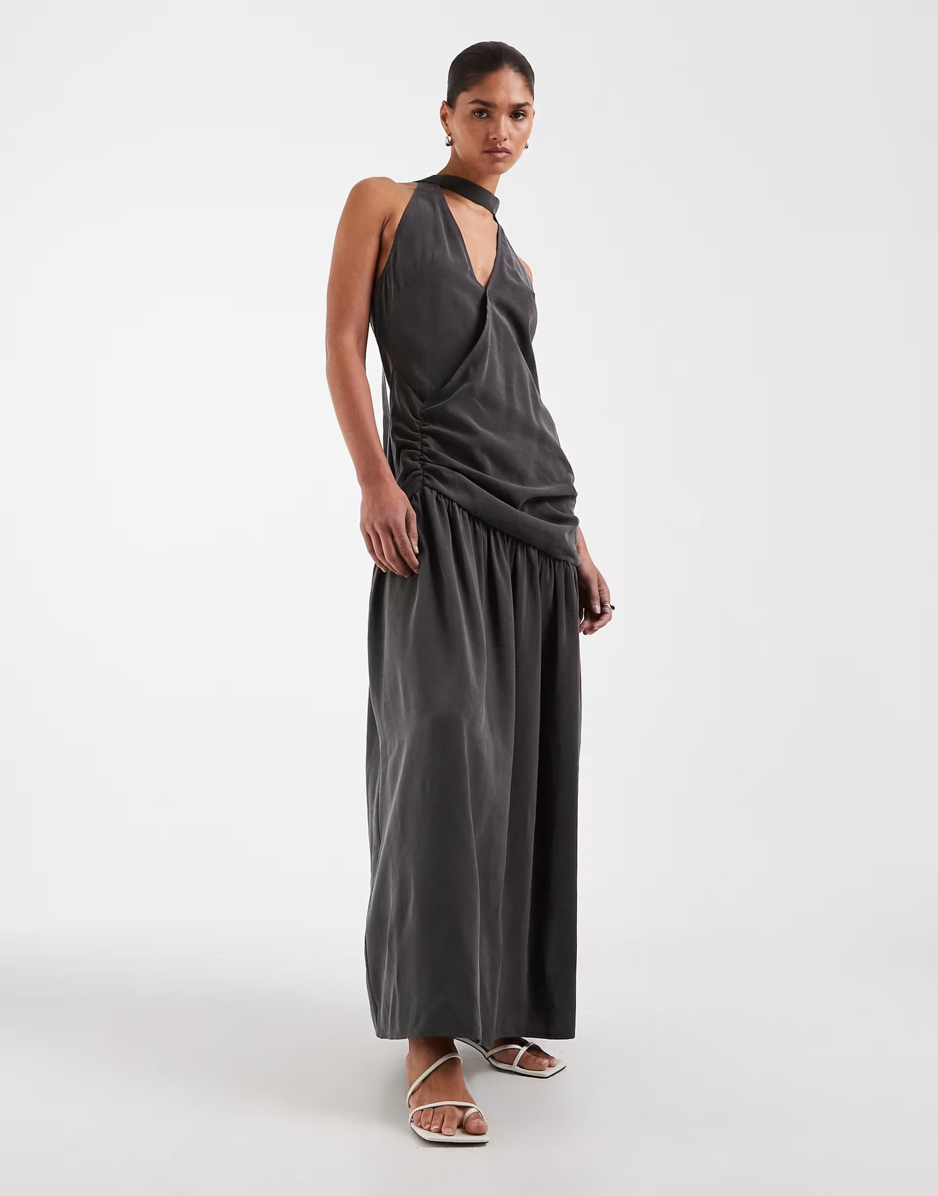 ASOS ASOS DESIGN halterneck scarf detail drop waist maxi dress in charcoal