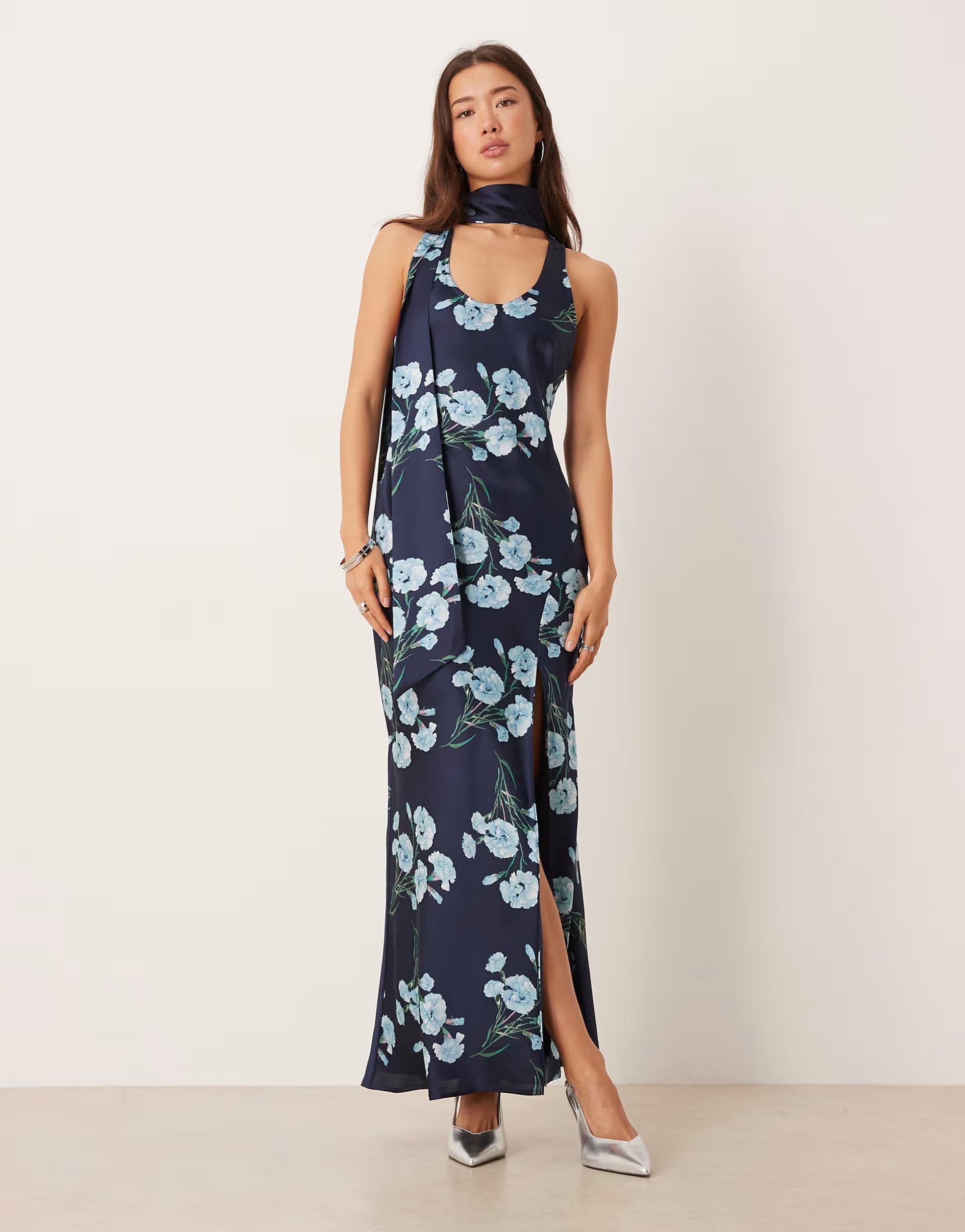 ASOS ASOS DESIGN sleeveless satin maxi dress with scarf detail in blue floral print