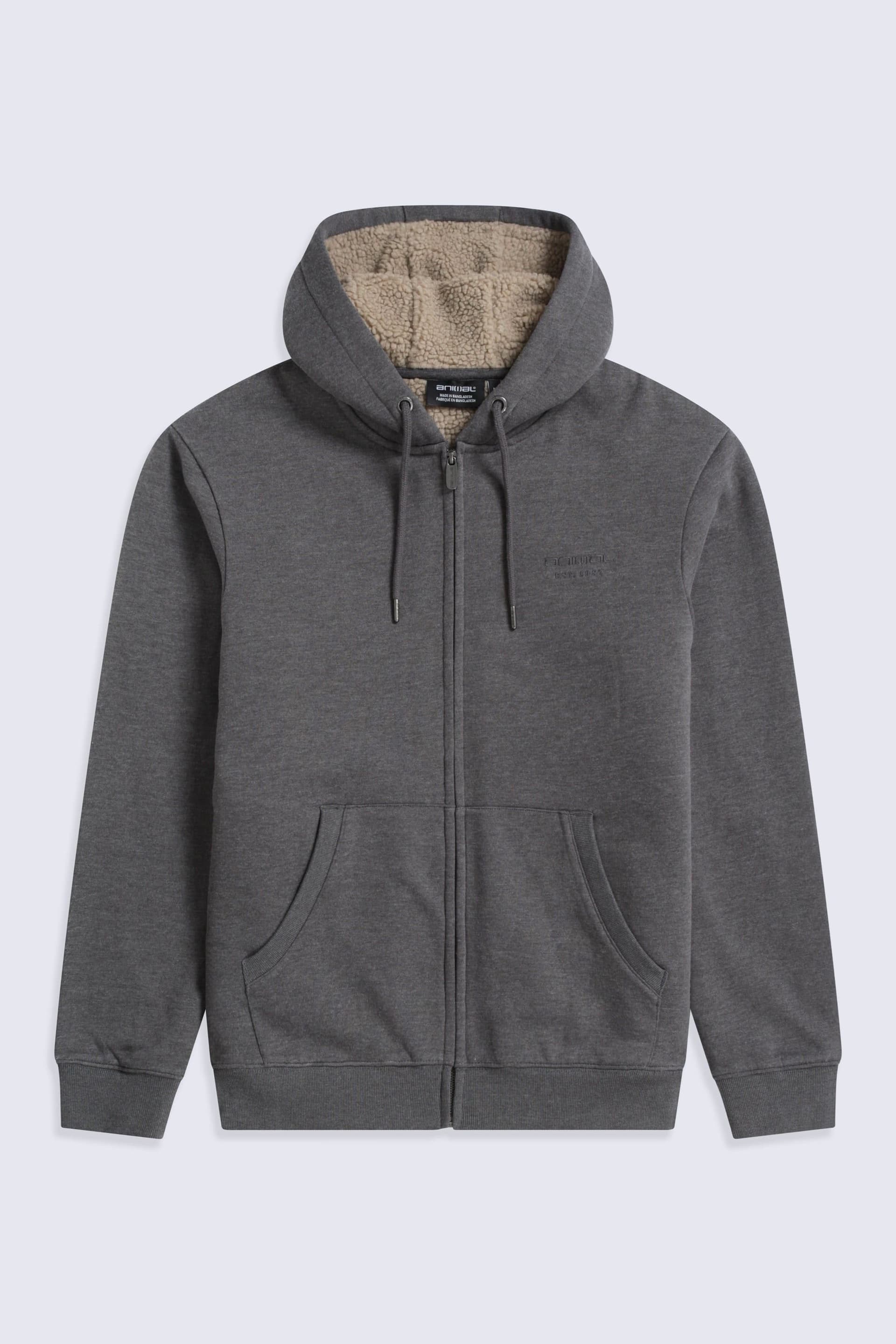 Animal Animal Men's 'Samuel' Full Zip Lightweight Sherpa Lined Cotton Relaxed Fit Hoodie in Dark Grey