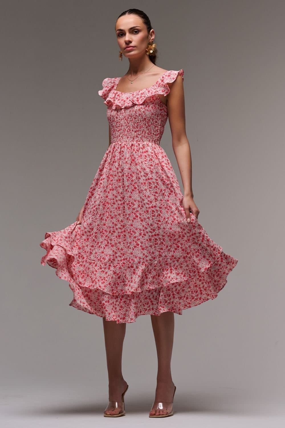 Jolie Moi Jolie Moi Women's Ruffle Shirred Woven Midi Dress in Red