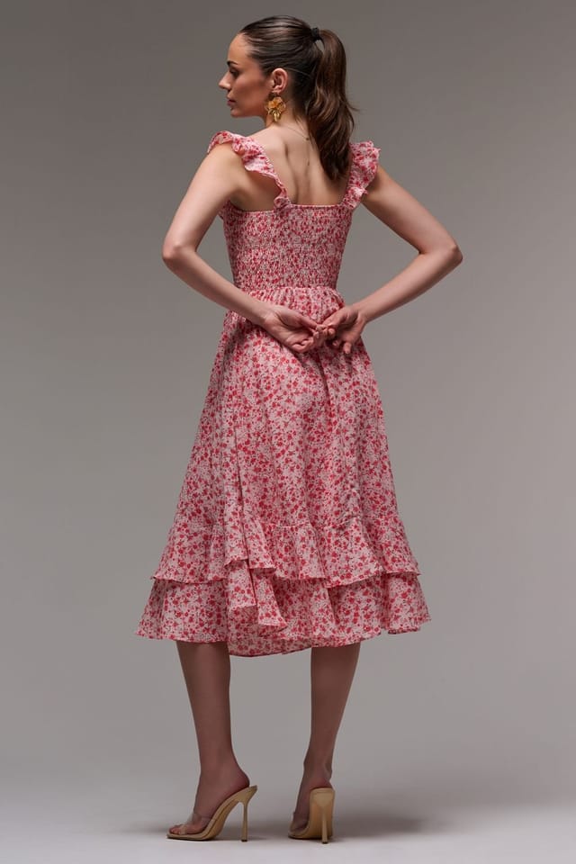 Jolie Moi Jolie Moi Women's Ruffle Shirred Woven Midi Dress in Red - 2