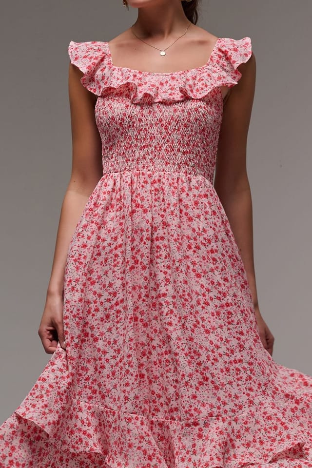 Jolie Moi Jolie Moi Women's Ruffle Shirred Woven Midi Dress in Red - 3