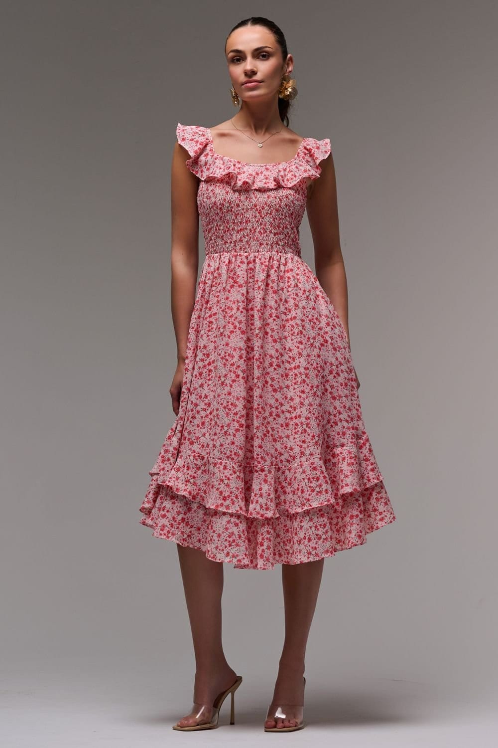 Jolie Moi Jolie Moi Women's Ruffle Shirred Woven Midi Dress in Red - 4