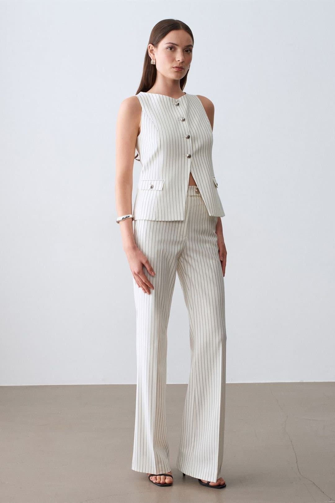 Dilvin Dilvin Women's Women's Mid-Waist Wide-Leg Striped Trousers in Off-White