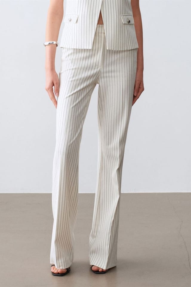 Dilvin Dilvin Women's Women's Mid-Waist Wide-Leg Striped Trousers in Off-White - 3