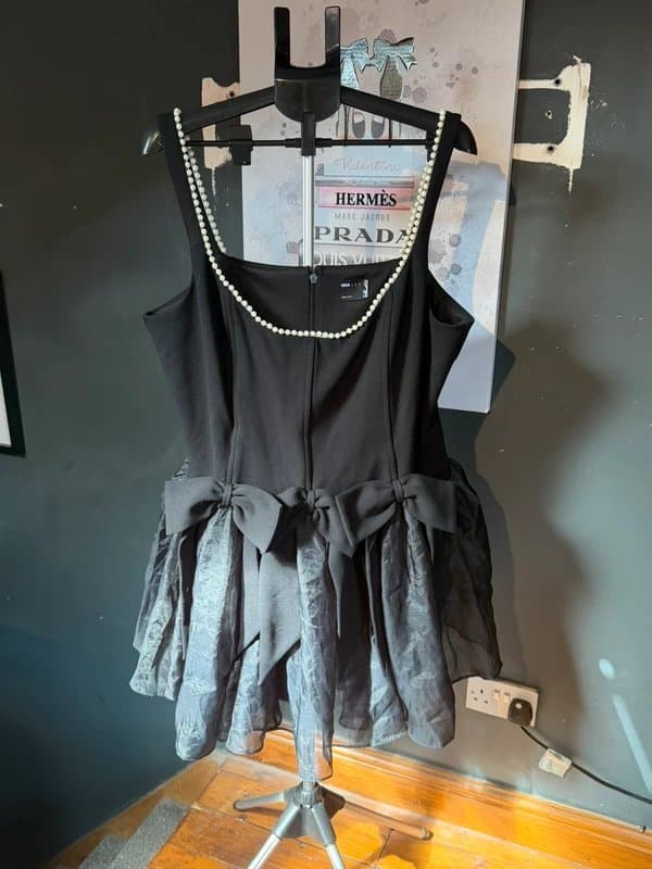 ASOS ASOS Luxe Design Pearl Embellished Corseted Mini Dress with Bows in Black