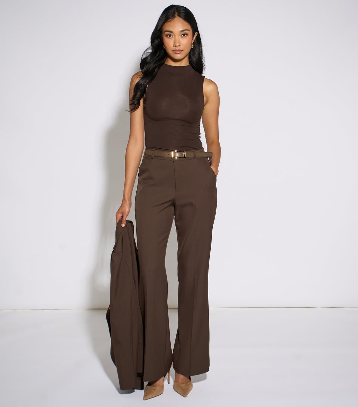 Gini London Women's Dark Brown Wide Leg Tailored Trousers Gini London New Look