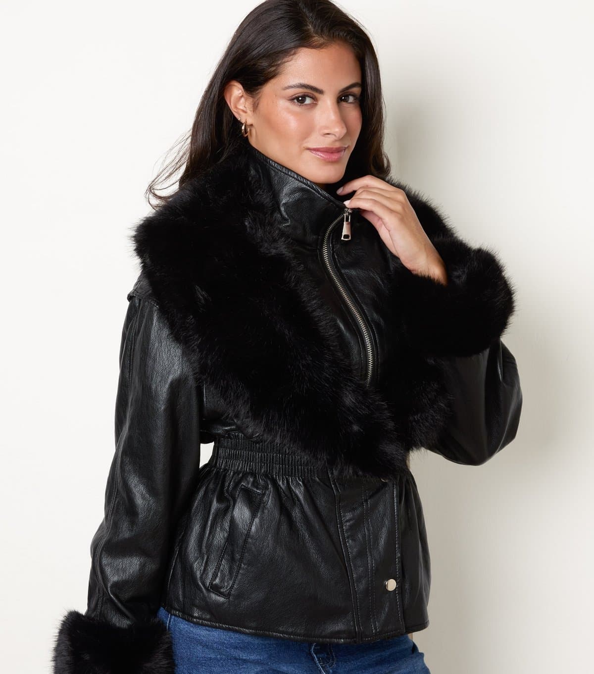 Blue Vanilla Women's Black Faux Leather Faux Fur Trim Jacket Blue Vanilla New Look