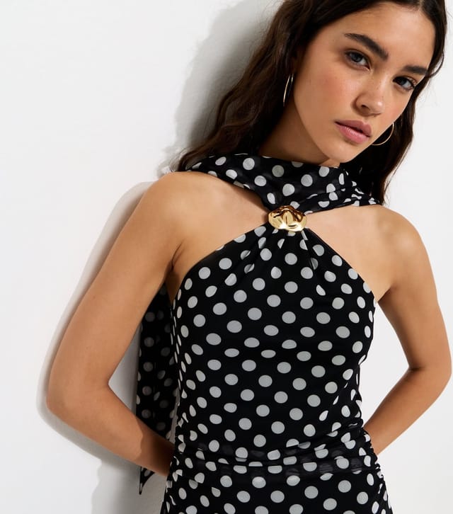 New Look Women's Black Polka Dot Halter Neck Mesh Mini Dress New Look - 2