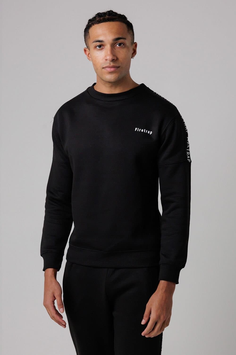 Firetrap Firetrap Men's Cotton Rich Crew Neck Sweatshirt with Logo Strip Sleeves in Black